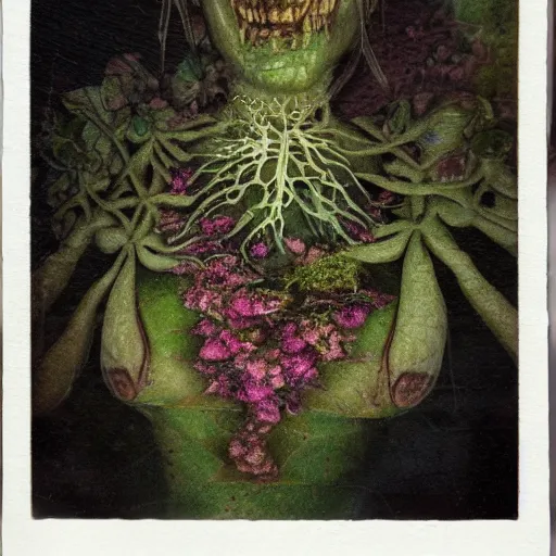 Image similar to a beautiful detailed front view portrait of a rotten woman corpse with fractal plants and fractal flowers growing around, volumetric light, beautiful lit, polaroid photography