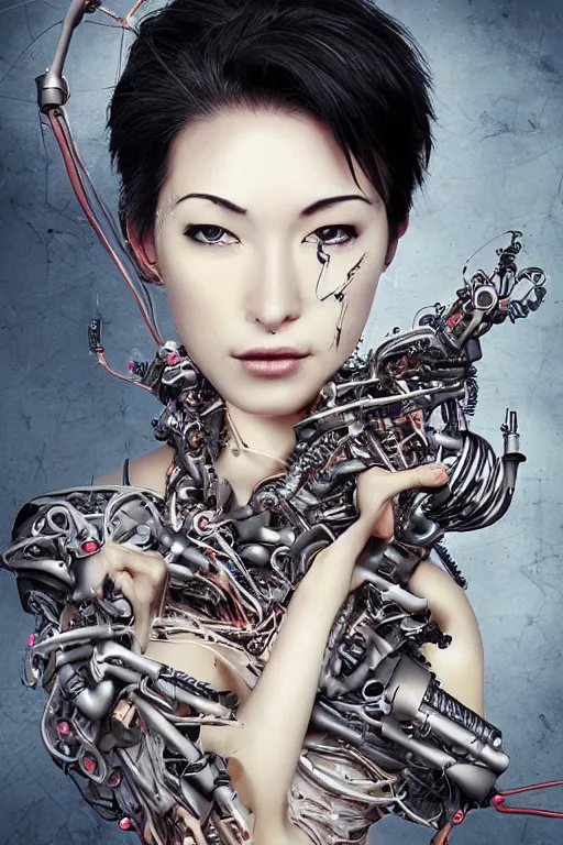 Prompt: gorgeous biomechanical cyborg women being torn apart by nature, by dang my linh, wires, microchip, beautiful, sexy