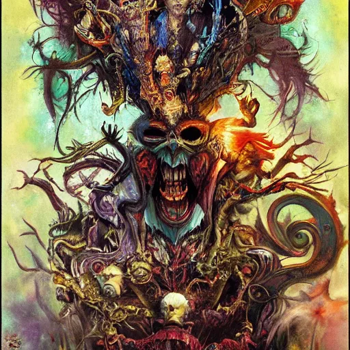 Image similar to princes of hell in alice in wonderland tripping on ayahuasca with faces in the background, intricate detail, painting, royo, frazetta, whealan,