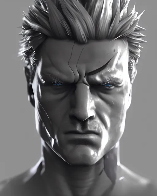Image similar to solid snake bust portrait, cinematic lighting, backlit face, anguished depressed expression, close - up, black atmospheric background, 4 k photorealistic render, best of artstation hdr, redshift houdini
