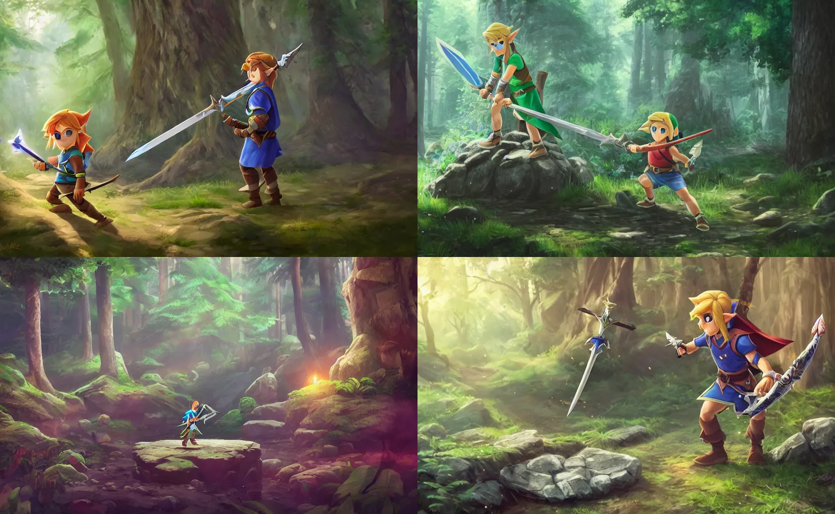 Prompt: Link pulls the master sword from the stone in the middle of a forest, trending on Artstation by WLOP, 4k