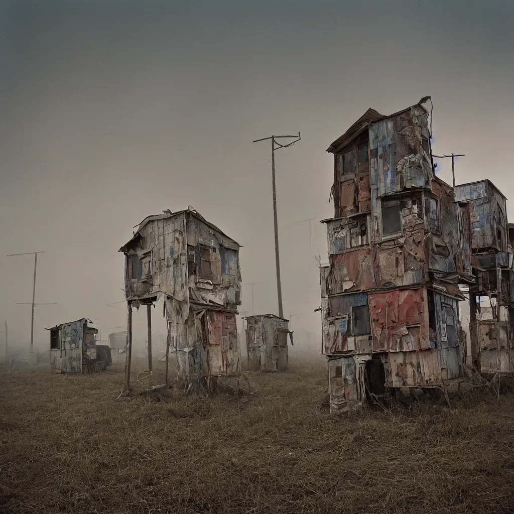 Prompt: two towers, made up of makeshift squatter shacks with faded colours, apocalyptic sky, uneven fog, dystopia, mamiya rb 6 7, fully frontal view, ultra sharp, very detailed, photographed by julie blackmon