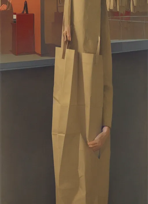 Prompt: woman wearing paper bags for clothes standing inside paper bags at store display Edward Hopper and James Gilleard, Zdzislaw Beksinski, highly detailed