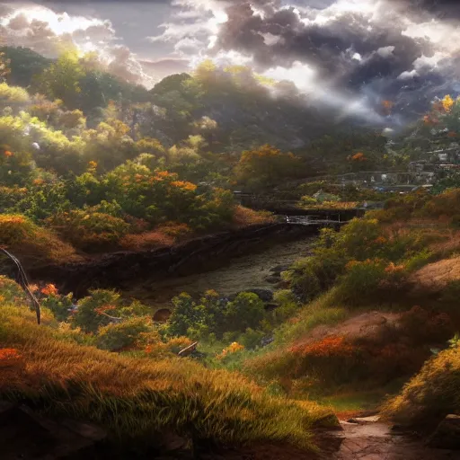 Image similar to Into the Valley, anime and manga, landscape, Nobuyuki Anzai and Shin Kibayashi, digital art, 16k resolution, 35mm wide angle shot, concept art, photorealistic, hyperrealism