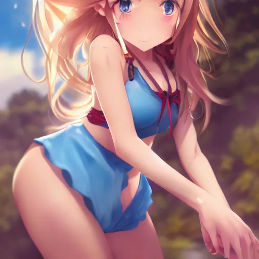 Image similar to a very beautiful young megumin, full body, long wavy blond hair, sky blue eyes, full round face,, bikini, miniskirt, front view, mid - shot, highly detailed, cinematic wallpaper by stanley artgerm lau