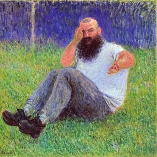 Image similar to monet painting of a bearded man with shaved head puking on a soccer ball, highly detailed, realistic,