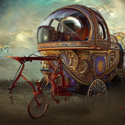 Prompt: a futuristic neo - gypsy caravan, decorated polished wood, lace and velvet and silk material, volume light, hyper realistic highly detailed 4 k by karol bak