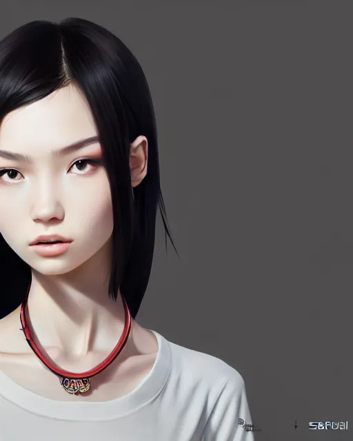 Prompt: full 1 2 0 mm necklace portrait of a beautiful slender kazakh girl, in tshirt, furious, by saruei and guweiz and ilya kuvshinov and rockwell and warhol digital art, ultra clear and sharp focus, trending on artstation hq, deviantart, pinterest, unreal engine 5, 4 k uhd image