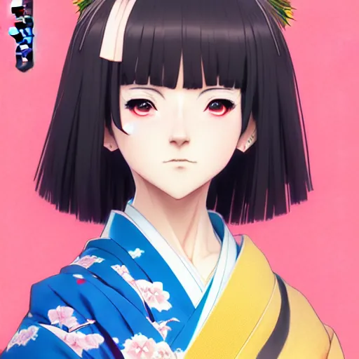 Image similar to digital anime art, a japanese woman in a kimono holding a kanobo, wlop, ilya kuvshinov, artgerm, krenz cushart, greg rutkowski
