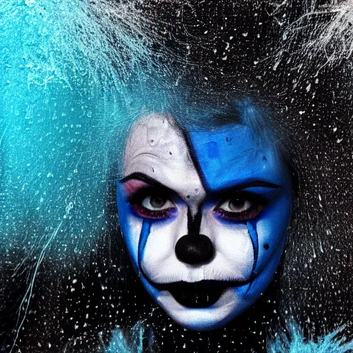 Prompt: crying clown with blue makeup under the rain, black and white photo, blue color splash, dramatic lightning, melancholic