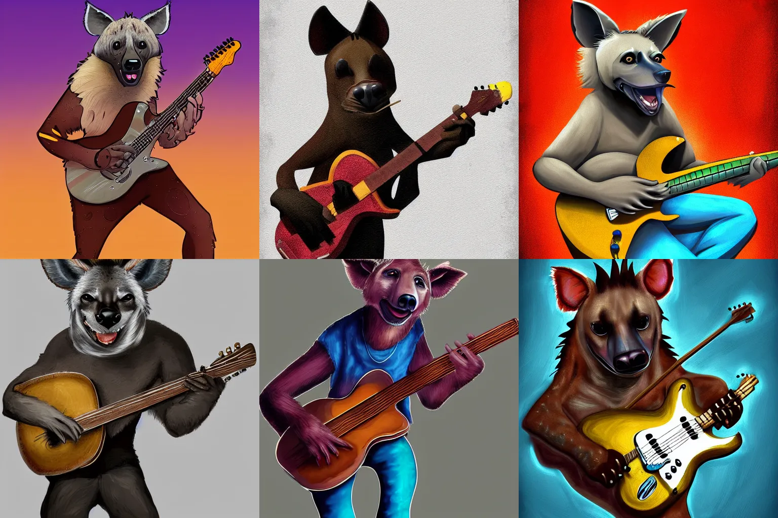 Prompt: A digital painting of an anthropomorphic hyena playing guitar, digital art trending on Artstation