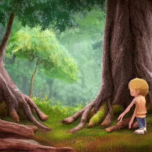 Image similar to a small small boy peeking behind a tree in a forest. The boy is watching two other boys with dreadlocks hair who are hiking, digital art, extra-detailed