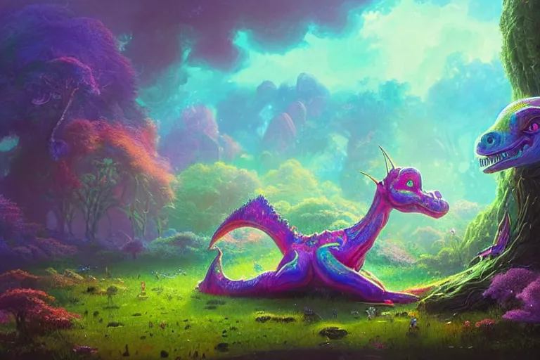 Image similar to a psychedelic realm made entirely out of love and acceptance, astral beings sharing love. filled with cute smiling glowing chibi style pixar baby dinosaurs in the style of greg rutkowski! and wlop and lisa frank! and bob ross!!! and ruan jia, illustration, epic, fantasy, hyper detailed, smooth, unreal engine, sharp focus, ray tracing