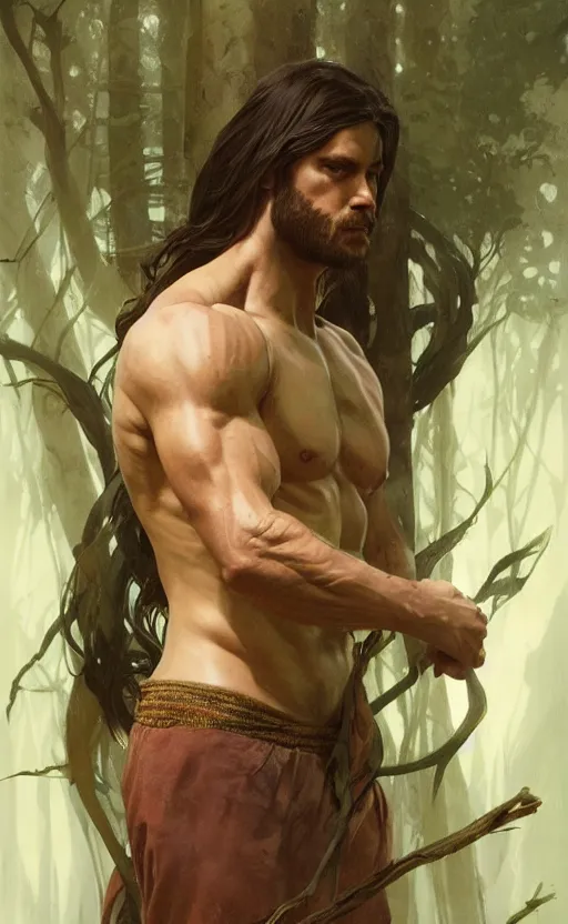 Prompt: God of the forest, male, shoulder-length hair, gorgeous, amazing, muscular, intricate, highly detailed, digital painting, artstation, concept art, sharp focus, illustration, art by greg rutkowski and alphonse mucha