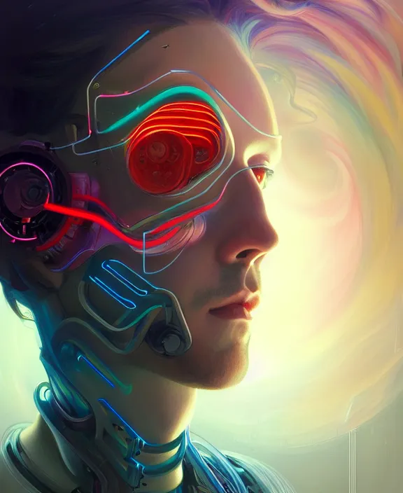 Image similar to a whirlwind inside the metaverse, guy, male, man, hologram, half body, neurochip, android, cyborg, cyberpunk face, by loish, d & d, fantasy, intricate, elegant, highly detailed, colorful, digital painting, artstation, concept art, art by artgerm and greg rutkowski and alphonse mucha