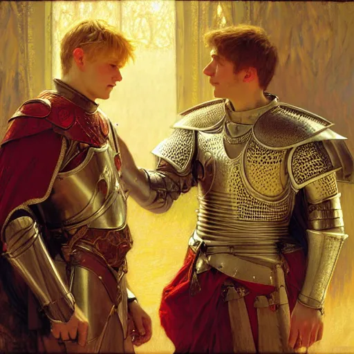 Image similar to attractive arthur pendragon and his attractive male knight, they are in love, natural lighting, path traced, highly detailed, high quality, digital painting, by gaston bussiere, craig mullins, alphonse mucha j. c. leyendecker