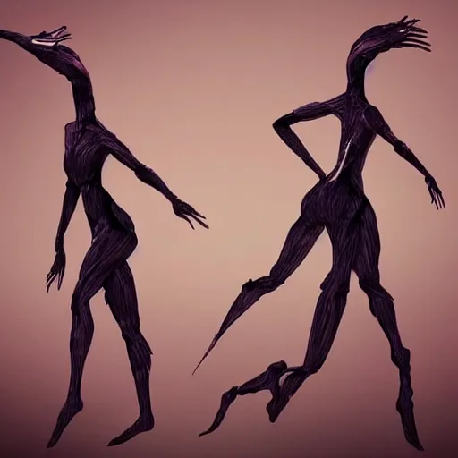 Image similar to Two elegant humanoid creatures fused at the shoulders dancing on their pointy limbs, high quality digital art, trending on ArtStation