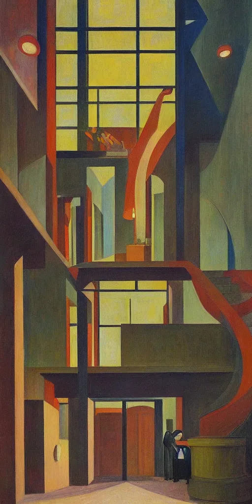 Image similar to fantastical brutalist atrium, grant wood, pj crook, edward hopper, colorful, oil on canvas