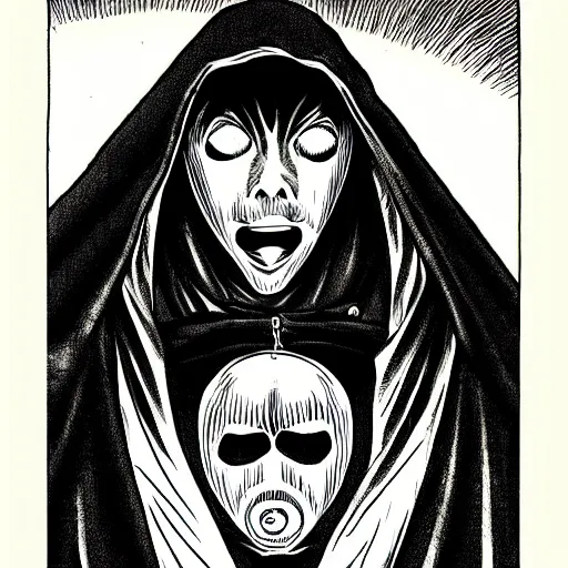 Image similar to hooded man with masked face, junji ito,