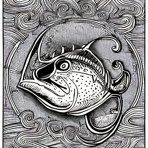 Image similar to illustration of an angler fish, in the style of robert geronimo, deep sea, stylized linework, ornamentation, artistic, muted color