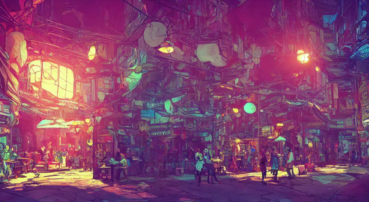 Image similar to bazaar zouk oriantal full color sky shine place mosquet painting stylized digital illustration video game icon global illumination ray tracing that looks like it is from borderlands and by feng zhu and loish and laurie greasley, victo ngai, andreas rocha, john harris