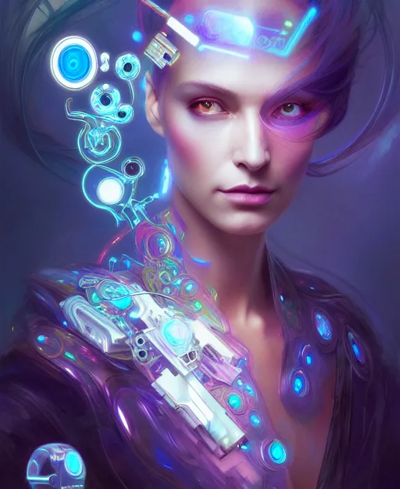 Image similar to a whirlwind of souls rushing inside the metaverse, hologram, half body, neurochip, shaved temple, piercing, jewelry, android, cyborg, cyberpunk face, by loish, d & d, fantasy, intricate, elegant, highly detailed, colorful, digital painting, artstation, concept art, art by artgerm and greg rutkowski and alphonse mucha