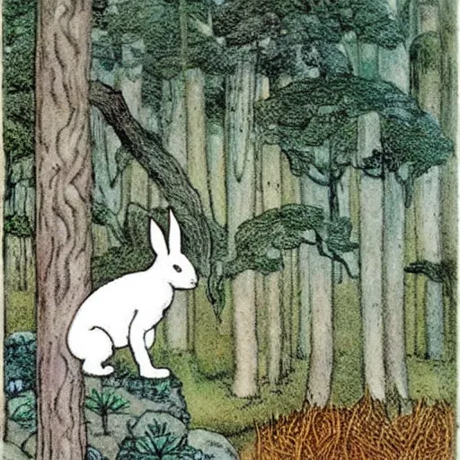 Image similar to a white rabbit in a forest, a pond in the foreground, in the style of John Bauer
