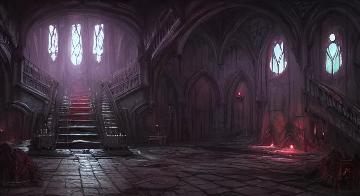 Prompt: dark sinister vampire lair interior by Marc Simonetti, library, adventure game, inspired by Diablo concept art