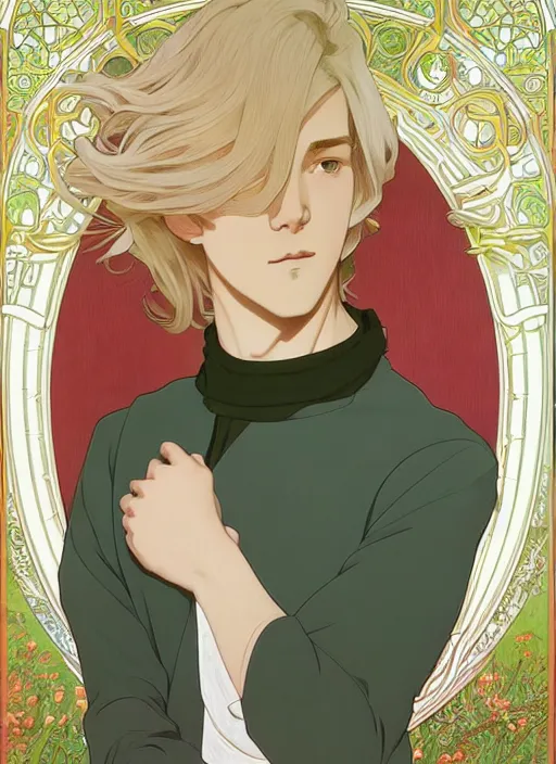 Prompt: pretty young man with shoulder length blond hair, male, half body shot, path traced, highly detailed, high quality, digital painting, by studio ghibli and alphonse mucha, leesha hannigan, hidari, art nouveau, chiho aoshima, posuka demizu