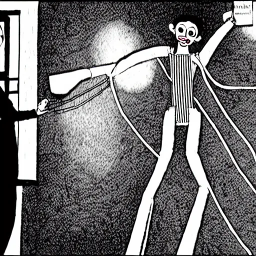 Prompt: person as a marionette being controlled by strings held by depression despair and hatred, illustrated by junji ito