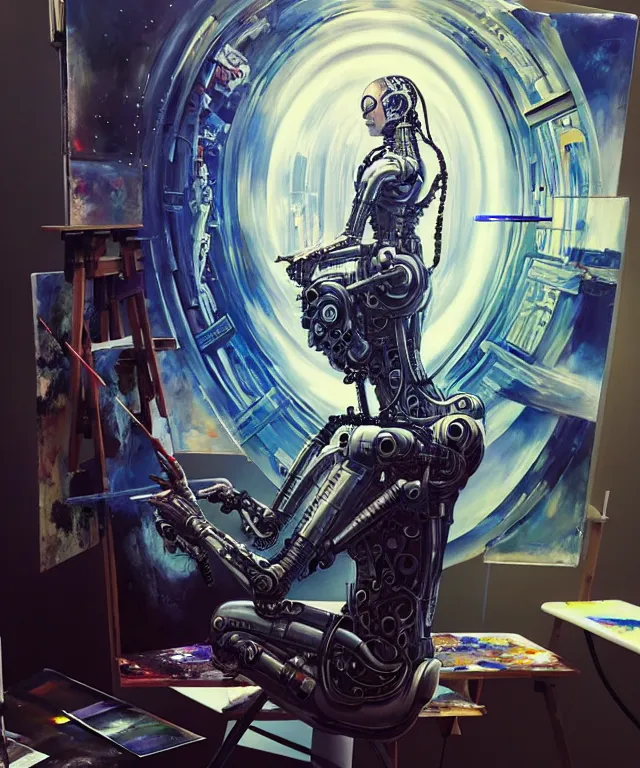 Prompt: photo of futuristic holy futuristic cyborg-robot-painter-artist creating a painting with acrylic paint and brushes in a futuristic artist studio by H.R Giger, by Ayami Kojima, Amano, Tom Bagshaw, Rene Margitte, Ryan Dening ,Hajime Sorayama , Eddie Mendoza , rich deep colors. masterpiece, intricate artwork by Tooth Wu and wlop and beeple, greg rutkowski. still from a 2021 movie by Terrence Malick, Tarkovsky, Gaspar Noe, James Cameron,