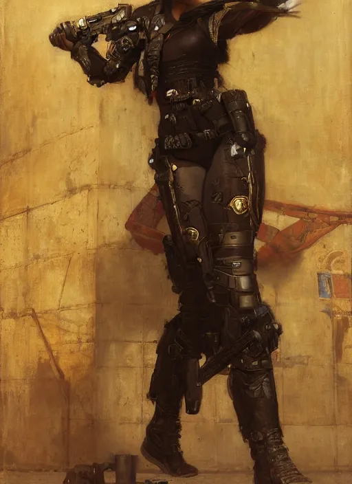 Prompt: beautiful cyberpunk mercenary in tactical gear. Iranian orientalist portrait by john william waterhouse and Edwin Longsden Long and Theodore Ralli and Nasreddine Dinet, oil on canvas. Cinematic, hyper realism, dramatic lighting, high detail 4k