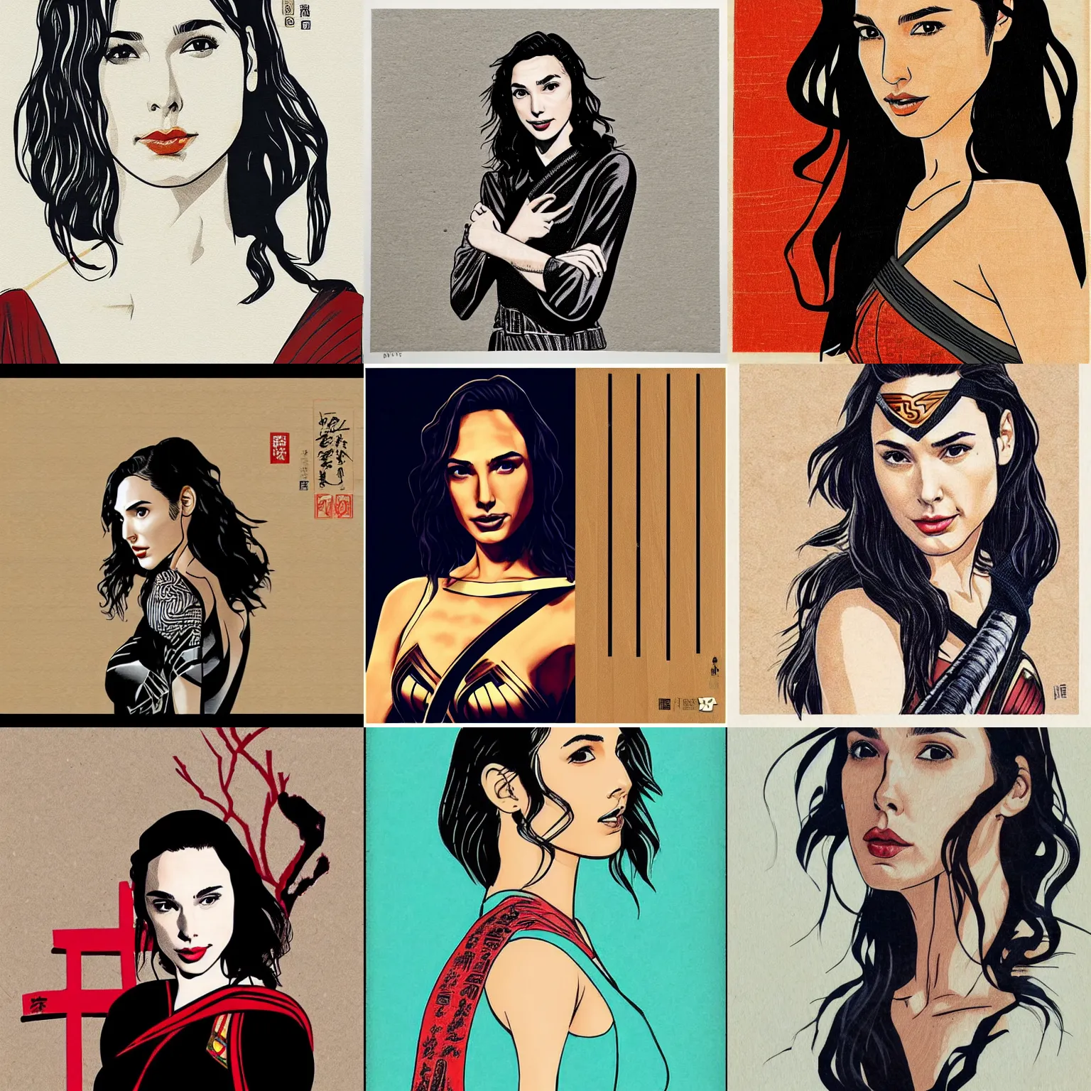 Prompt: gal gadot in the style of japanese wood print