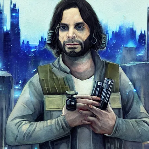 Image similar to a realistic star wars watercolor fantasy concept cart of chris d'elia as a drug dealer in a sleazy futuristic city of coruscant, hq, 4 k