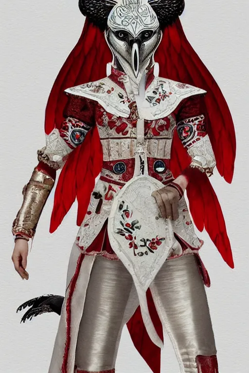 Image similar to female adventurer in tight full - body white embroidered leather armor of vyshyvanka design with red accents and a red porcelain crow mask, trending in artstation, ukrainian, artstation, big moon in the background, establishing shot