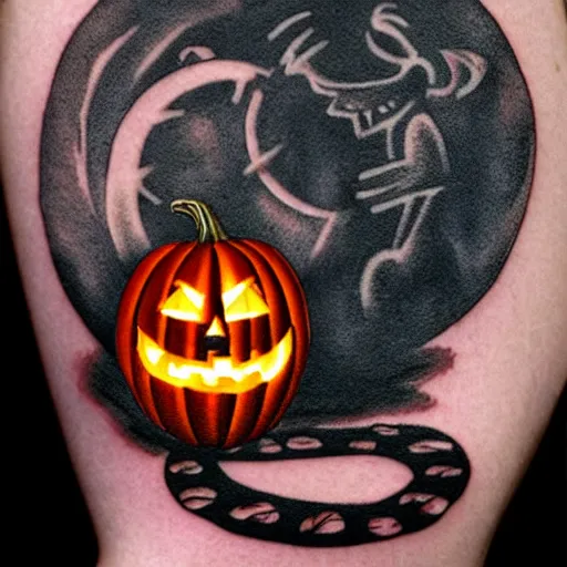 Image similar to cartoon tattoo of a halloween pumpkin with glowing eyes on arm with light shading in the background, night time scene in graveyard with full moon and bats flying, mist