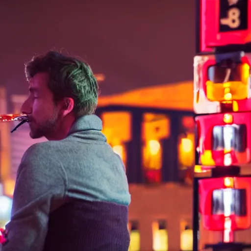 Image similar to Man drinking alcohol on a traffic light in the square city square, red light, atmospheric, 35mm movie, photo real, cinematic,