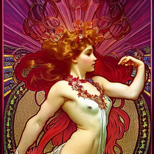 Image similar to a beautiful orchid phoenix angel woman, in an ornamented dress with large, volumetric light, god rays, 8 k high resolution, rubies, by alphonse mucha, artgerm