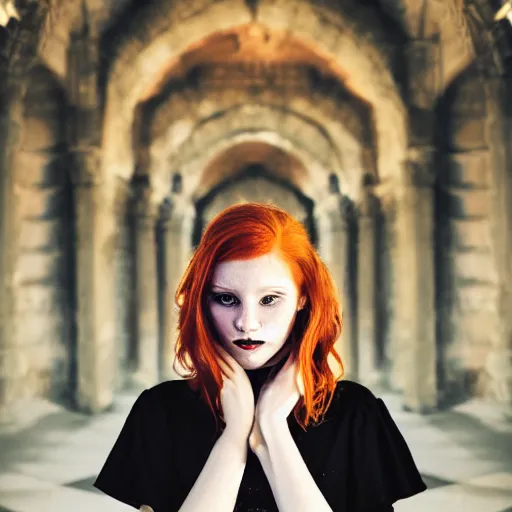 Image similar to redhead girl in black dress in beautiful castle, black pearls and golden gems, glowing eyes, light freckles, portrait, conceptart, medium shot, unreal, octane, symmetrical, photorealism