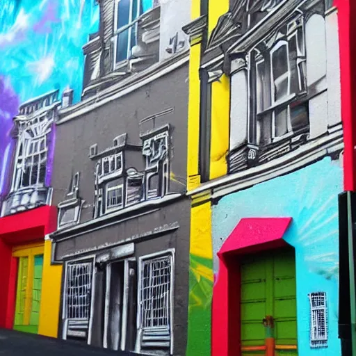 Prompt: wellington spray paint art, detailed buildings, colorful,