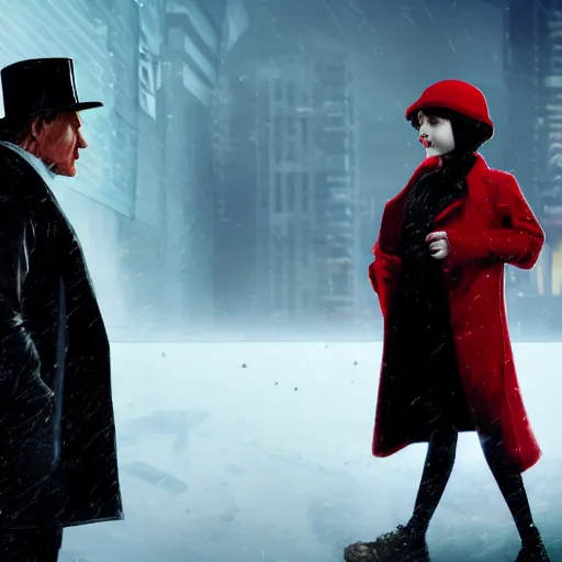 Prompt: a highly detailed epic cinematic concept art, cyberpunk, a thin man in a black coat and bowler hat talks with small young girl who is dressed in a red coat and a red hat, park, autumn, high detail, width 768