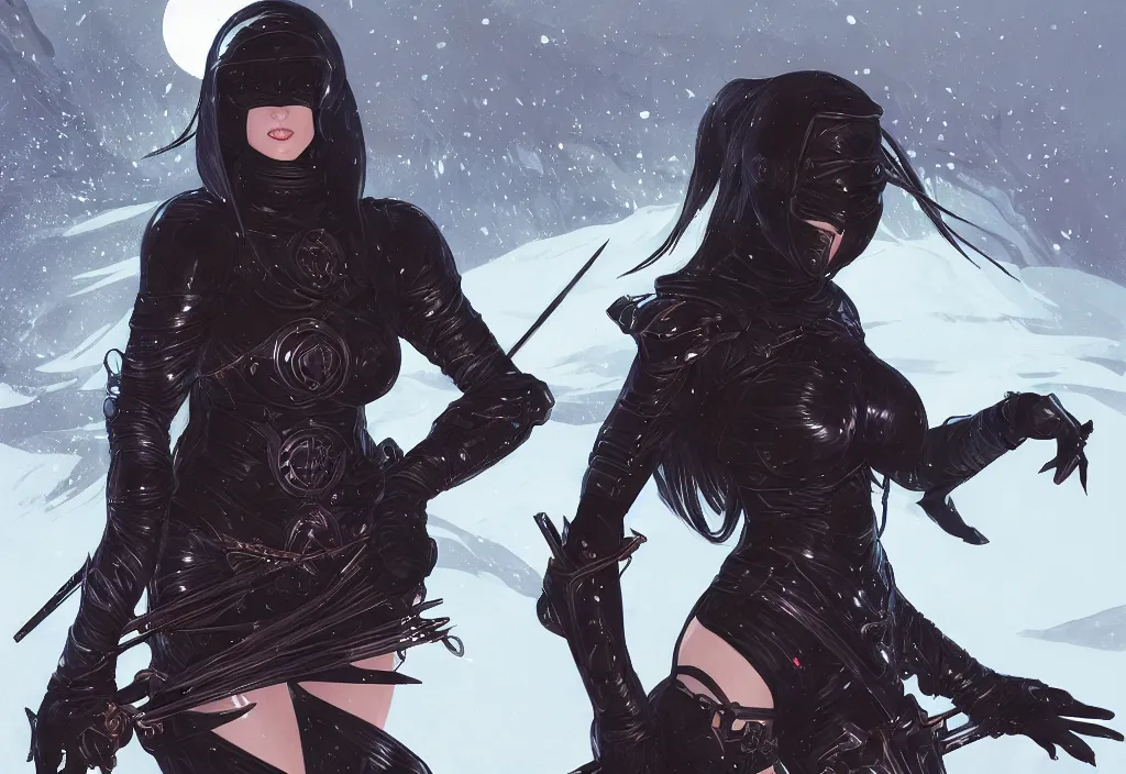 Image similar to portrait ninja gaiden girl, armored black shiny ninja wardrobe, at snowy fuji mountain moonlight, ssci - fi and fantasy, intricate and beautiful and elegant, digital painting, artstation, concept art, smooth and sharp focus, illustration, art by tian zi and wlop and alphonse mucha