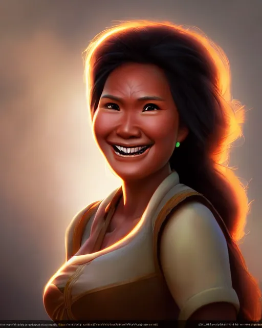 Prompt: smiling heavy filipina woman character portrait, by don bluth, sci - fi environment, highly detailed, dynamic shadows, 4 k, wallpaper - 1 0 2 4