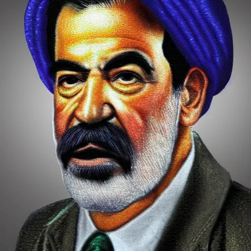 Image similar to rainbow colored portrait of saddam hussein with a pink puffy jacket hat, 8 k, intricate, detailed,