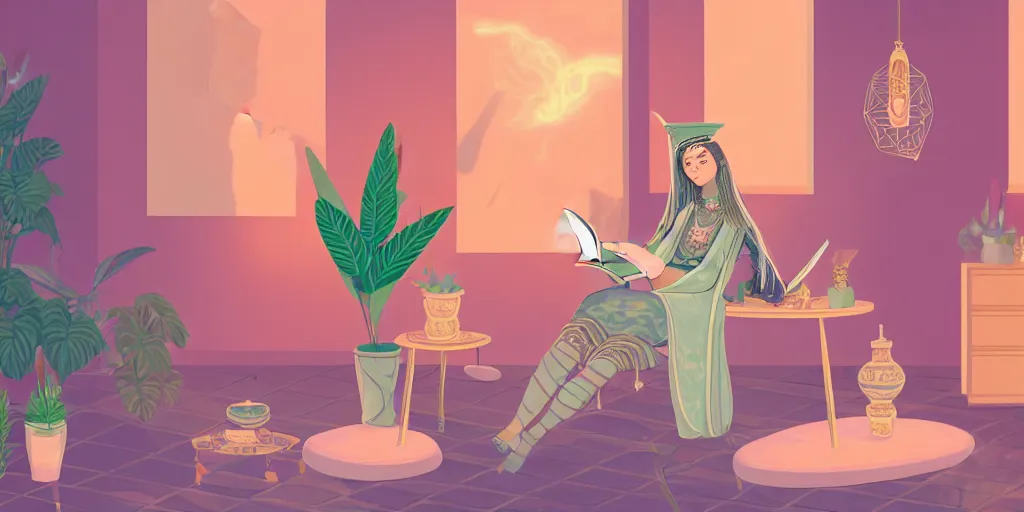 Image similar to a pastel illustration of a woman wizard, ornate clothing, lounging on a purpur pillow on the marbled checkered floor in her study room reading an ancient tome. to the side is a potted plant, moody candlelit raytracing. ancient oriental scifi fantasy setting. 4 k key art. by mark tedin