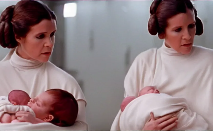 Prompt: screenshot of Princess Leia Organa holding a new born baby in a swaddle, Han Solo watches, iconic scene from 1980s Star Wars film directed by Ridley Scott, in a sci fi nursing home architecture, last jedi, 4k HD sharp, cinematic still frame, photoreal, detailed face, moody lighting, stunning cinematography, anamorphic lenses, kodak color film stock