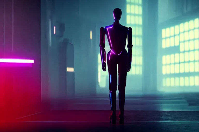 Prompt: film still of closeup sleek futuristic humanoid robot in blade runner 2 0 4 9, lobby, cinematic, moody, gritty neon noir by emmanuel lubezki