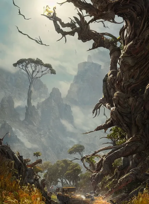 Image similar to hyper realistic robot attacking cape town city beautiful details, gnarly trees, strong composition, poster painted by greg rutkowski, concept art, arcane style, hearthstone wizards of the coast norman rockwell, james gurney and greg rutkowski weta studio, and lucasfilm and best of artstation