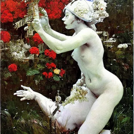 Image similar to a sculpture made of snow and ice and flower and plants, painting part by wojciech siudmak, part by ilya repin, part by max ernst, part by norman rockwell, artstation