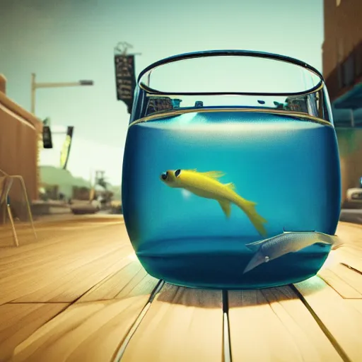 Prompt: fish bowl, movie still, cinematic, 8 k, unreal engine, 3 d render